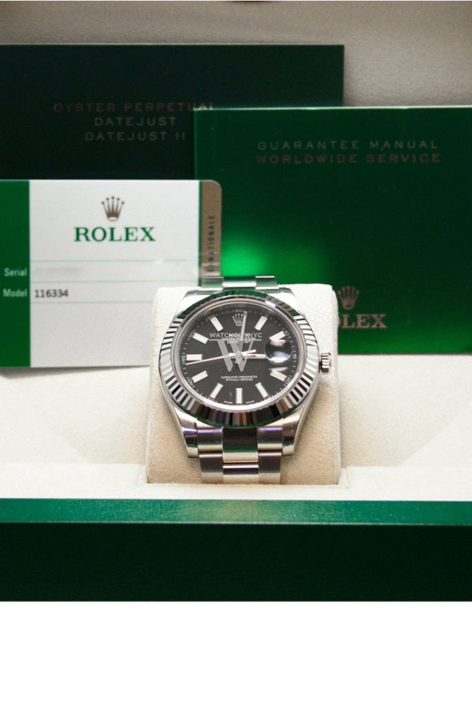 Rolex Datejust Ii 41 Black Dial 18Kt White Gold Fluted Bezel Mens Watch 116334