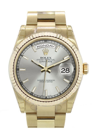 Rolex Day-Date 36 Silver Dial Fluted Bezel Yellow Gold Watch 118238