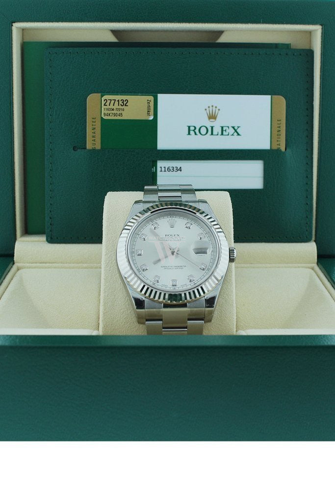 Rolex Datejust Ii 41 Steel Silver Diamond Dial 18Kt White Gold Fluted Bezel Mens Watch 116334