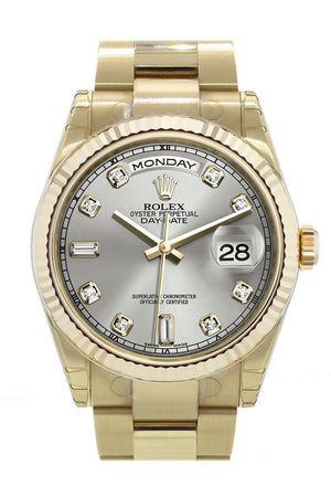 Rolex Day-Date 36 Silver Set With Diamonds Dial Fluted Bezel Yellow Gold Watch 118238