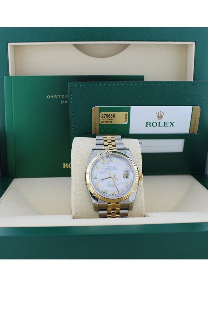 Rolex Datejust 36 White Mother-Of-Pearl Roman Dial Fluted 18K Gold Two Tone Jubilee Watch 116233