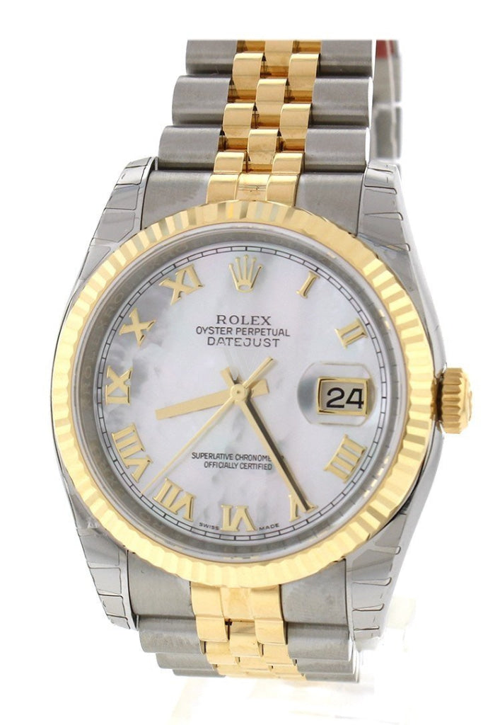 Rolex Datejust 36 White Mother-Of-Pearl Roman Dial Fluted 18K Gold Two Tone Jubilee Watch 116233