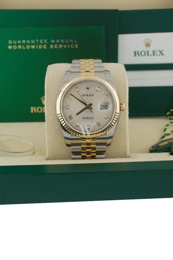 Rolex Datejust 36 Silver Jubilee Diamond Dial Fluted 18K Gold Two Tone Watch 116233