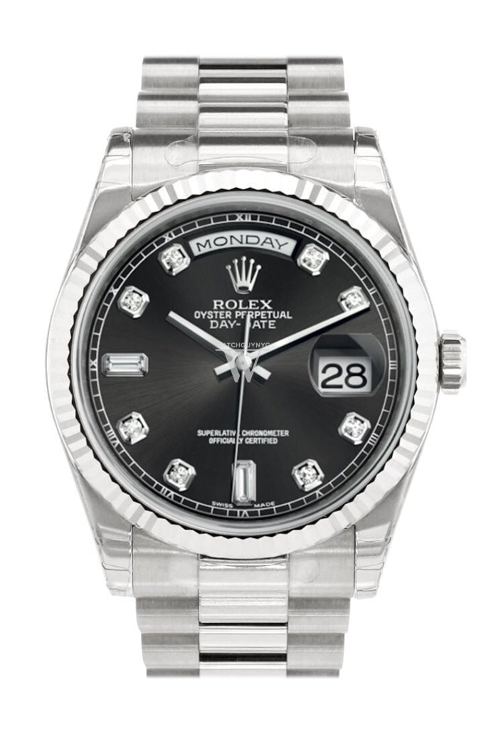 Rolex Day-Date 36 Black Set With Diamonds Dial Fluted Bezel President White Gold Watch 118239