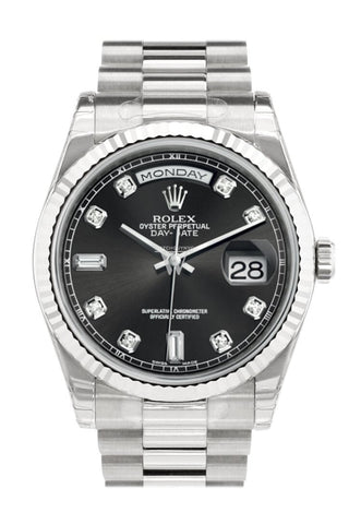 Rolex Day-Date 36 Black Set With Diamonds Dial Fluted Bezel President White Gold Watch 118239