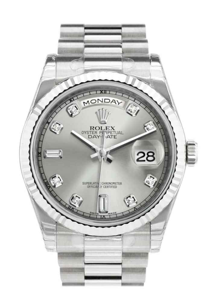 Rolex Day-Date 36 Silver Set With Diamonds Dial Fluted Bezel President White Gold Watch 118239