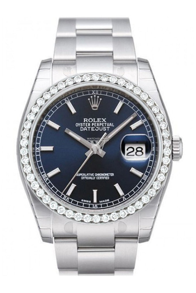 Custom Diamond Bezel Rolex Datejust 36 Blue Dial Stainless Steel Jubilee Mens Watch 116200