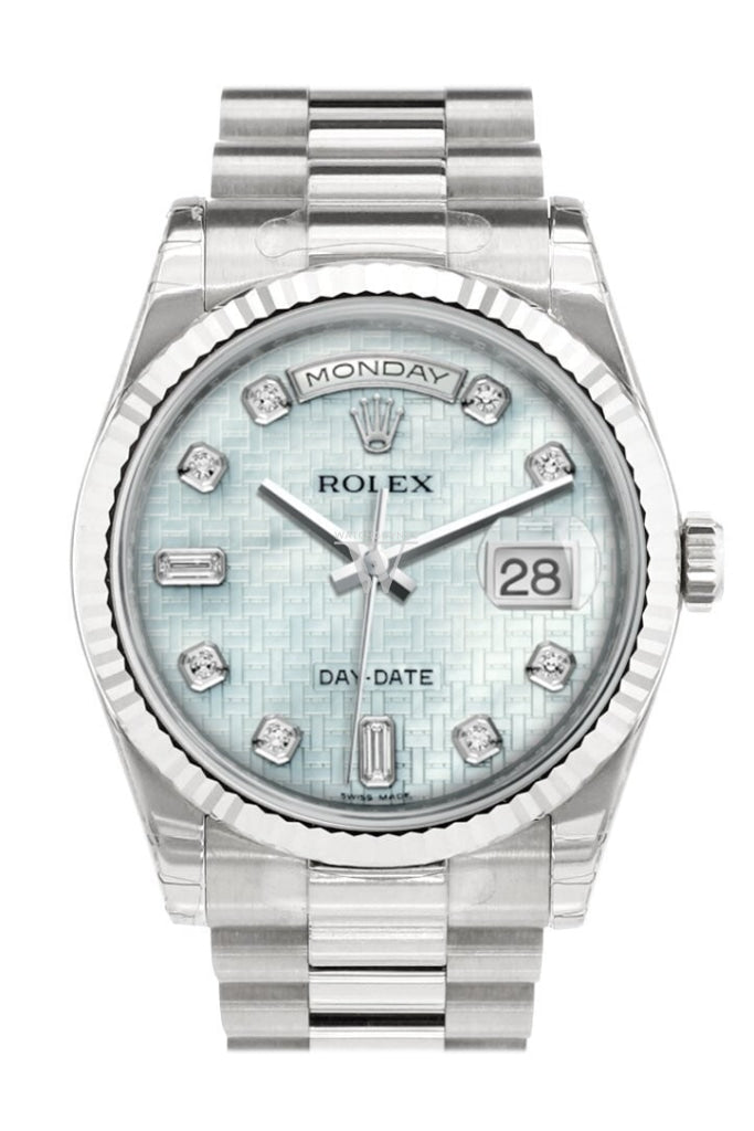 Rolex Day-Date 36 Platinum Mother-Of-Pearl With Oxford Motif Set Diamonds Dial Fluted Bezel