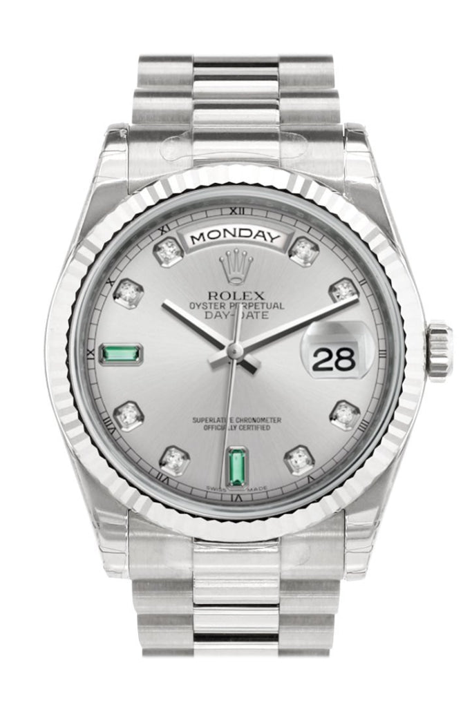 Rolex Day-Date 36 Rhodium Set With Diamonds And Emeralds Dial Fluted Bezel President White Gold