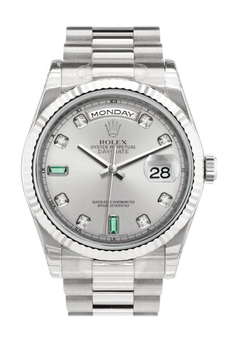 Rolex Day-Date 36 Rhodium Set With Diamonds And Emeralds Dial Fluted Bezel President White Gold