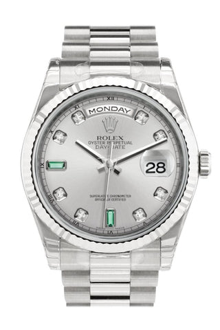 Rolex Day-Date 36 Rhodium Set With Diamonds And Emeralds Dial Fluted Bezel President White Gold