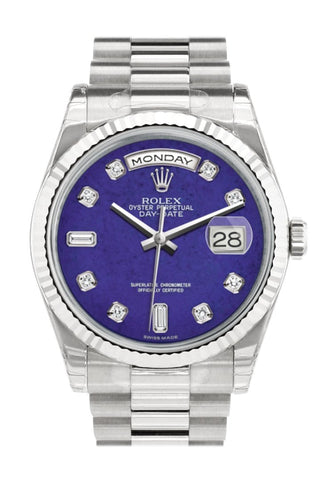 Rolex Day-Date 36 Lapis Lazuli Set With Diamonds Dial Fluted Bezel President White Gold Watch 118239