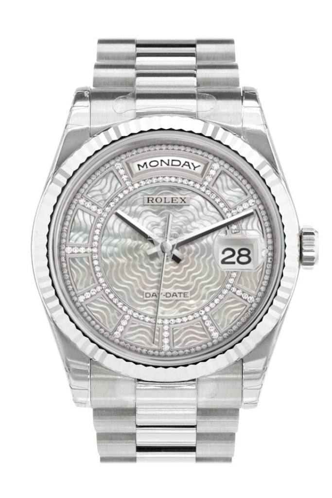 Rolex Day-Date 36 Carousel Of White Mother-Of-Pearl Dial Fluted Bezel President White Gold Watch