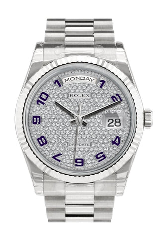 Rolex Day-Date 36 Diamond-Paved Dial Fluted Bezel President White Gold Watch 118239