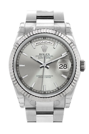 Rolex Day-Date 36 Silver Dial Fluted Bezel Oyster White Gold Watch 118239