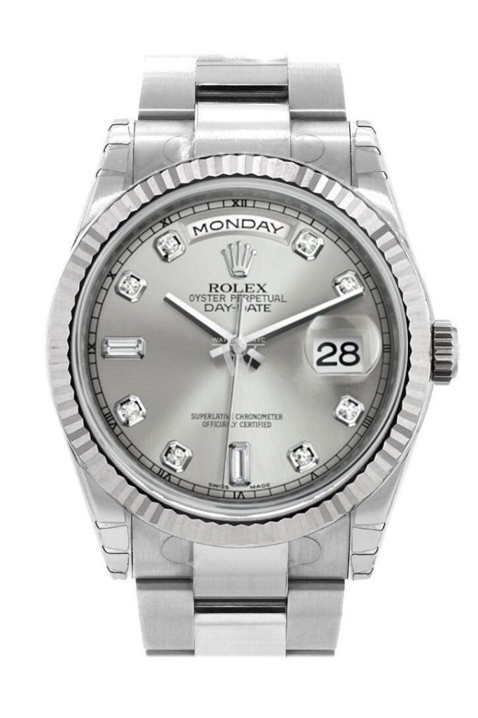 Rolex Day-Date 36 Silver Set With Diamonds Dial Fluted Bezel Oyster White Gold Watch 118239