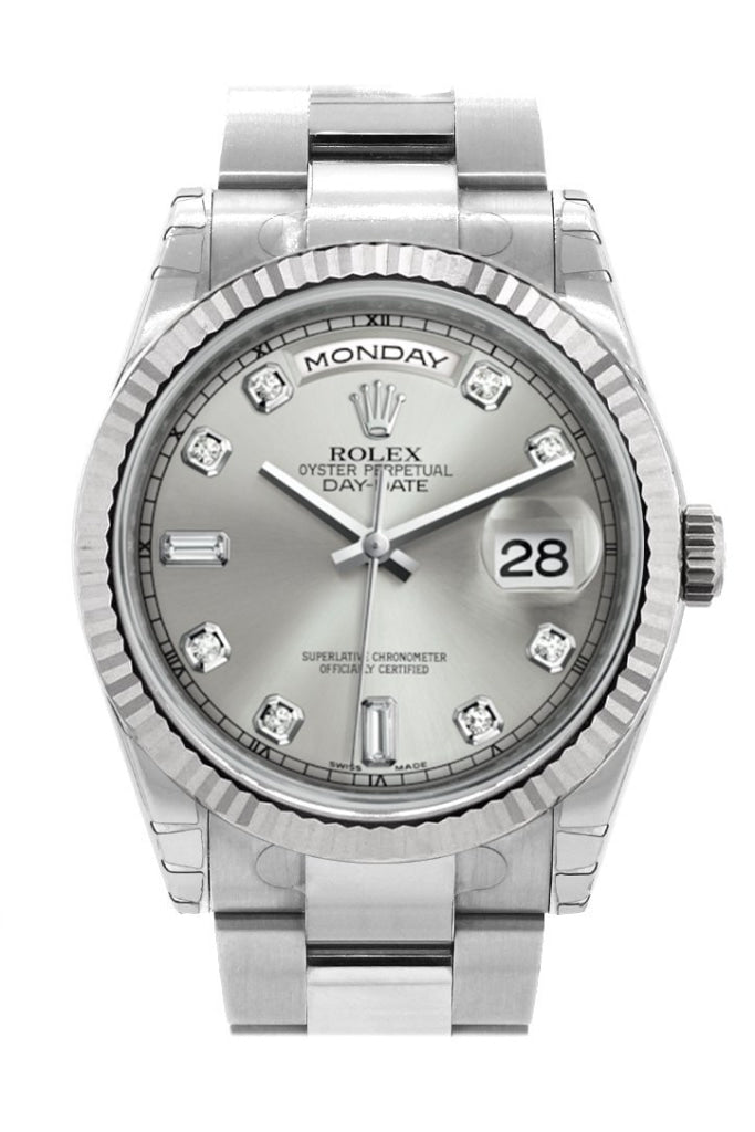 Rolex Day-Date 36 Silver Set With Diamonds Dial Fluted Bezel Oyster White Gold Watch 118239