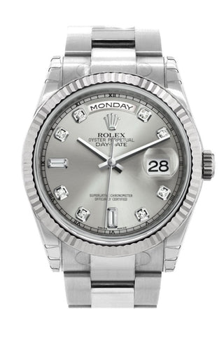 Rolex Day-Date 36 Silver Set With Diamonds Dial Fluted Bezel Oyster White Gold Watch 118239