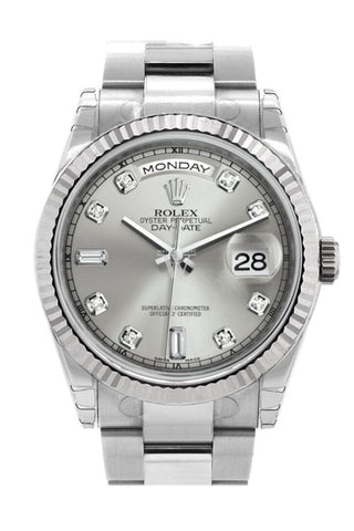 Rolex Day-Date 36 Silver Set With Diamonds Dial Fluted Bezel Oyster White Gold Watch 118239