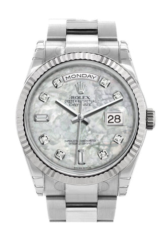 Rolex Day-Date 36 White Mother-Of-Pearl Set With Diamonds Dial Fluted Bezel Oyster Gold Watch 118239