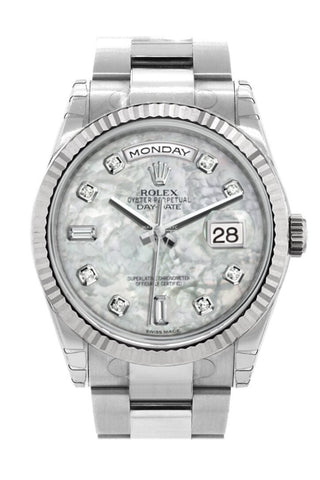 Rolex Day-Date 36 White Mother-Of-Pearl Set With Diamonds Dial Fluted Bezel Oyster Gold Watch 118239