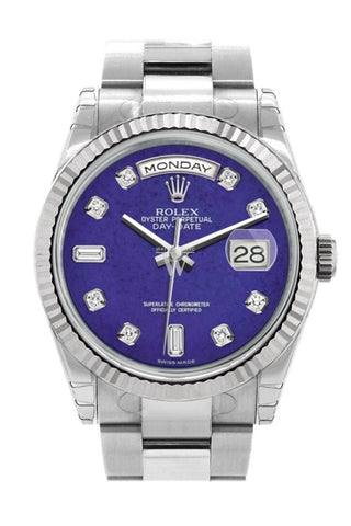 Rolex Day-Date 36 Lapis Lazuli Set With Diamonds Dial Fluted Bezel Oyster White Gold Watch 118239