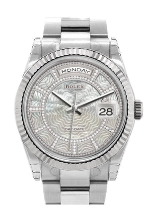 Rolex Day-Date 36 Carousel Of White Mother-Of-Pearl Dial Fluted Bezel Oyster White Gold Watch 118239