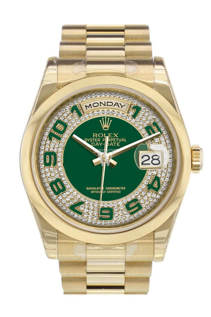 Rolex Day-Date 36 Green Diamonds Paved Dial President Yellow Gold Watch 118208