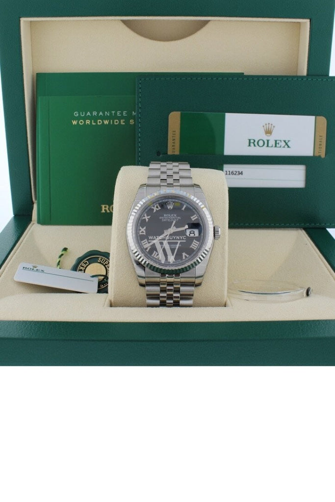 Rolex Datejust 36 Black Roman Dial Fluted Bezel Jubilee Mens Watch 116234