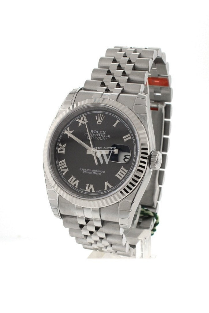 Rolex Datejust 36 Black Roman Dial Fluted Bezel Jubilee Mens Watch 116234