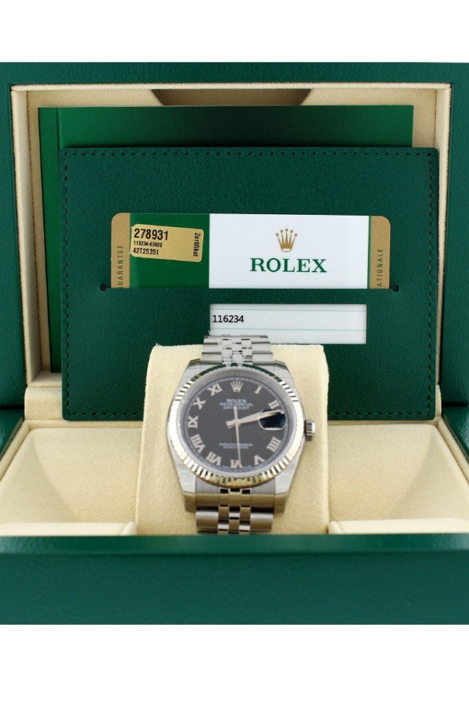 Rolex Datejust 36 Black Roman Dial Fluted Bezel Jubilee Mens Watch 116234