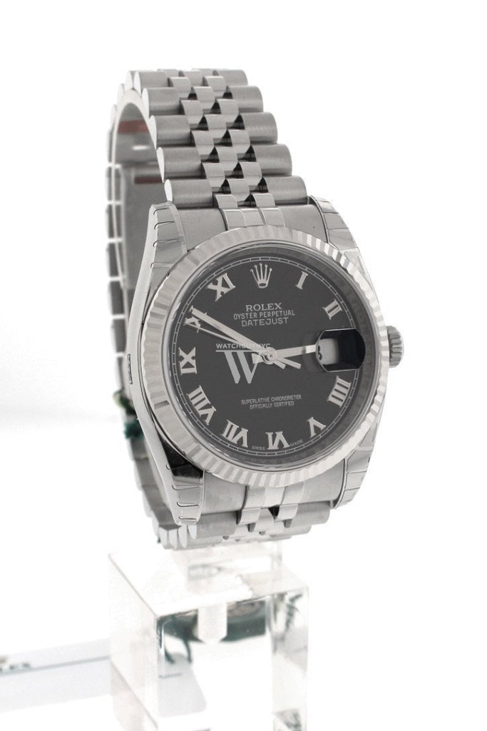 Rolex Datejust 36 Black Roman Dial Fluted Bezel Jubilee Mens Watch 116234