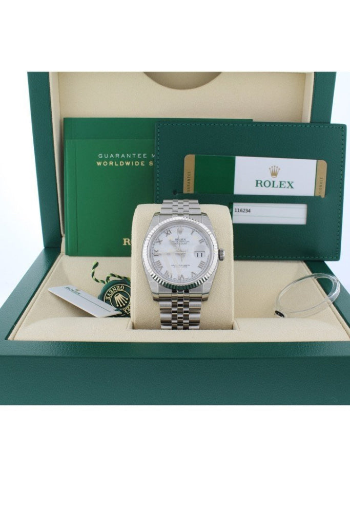 Rolex Datejust 36 White Roman Dial 18K Gold Mens Watch 116234