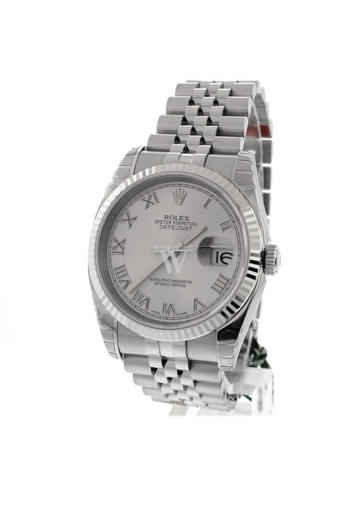Rolex Datejust 36 Rhodium Roman Dial 18K White Gold Fluted Jubilee Unisex Watch 116234