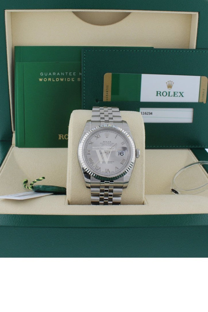 Rolex Datejust 36 Rhodium Roman Dial 18K White Gold Fluted Jubilee Unisex Watch 116234
