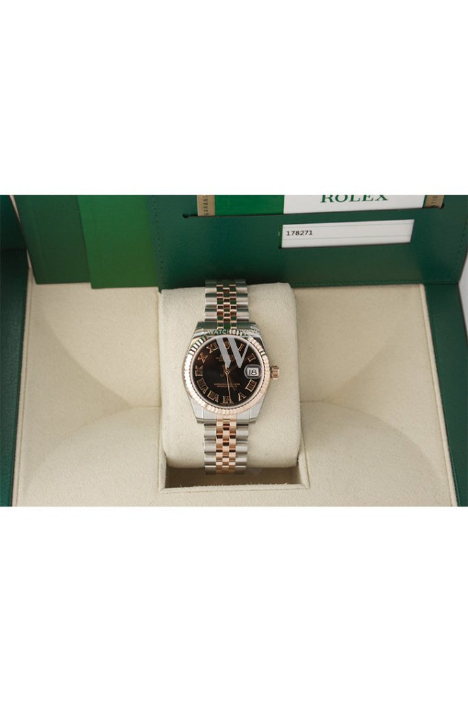 Rolex Datejust 31 Black Roman Dial Fluted Bezel 18K Rose Gold Two Tone Jubilee Ladies Watch 178271