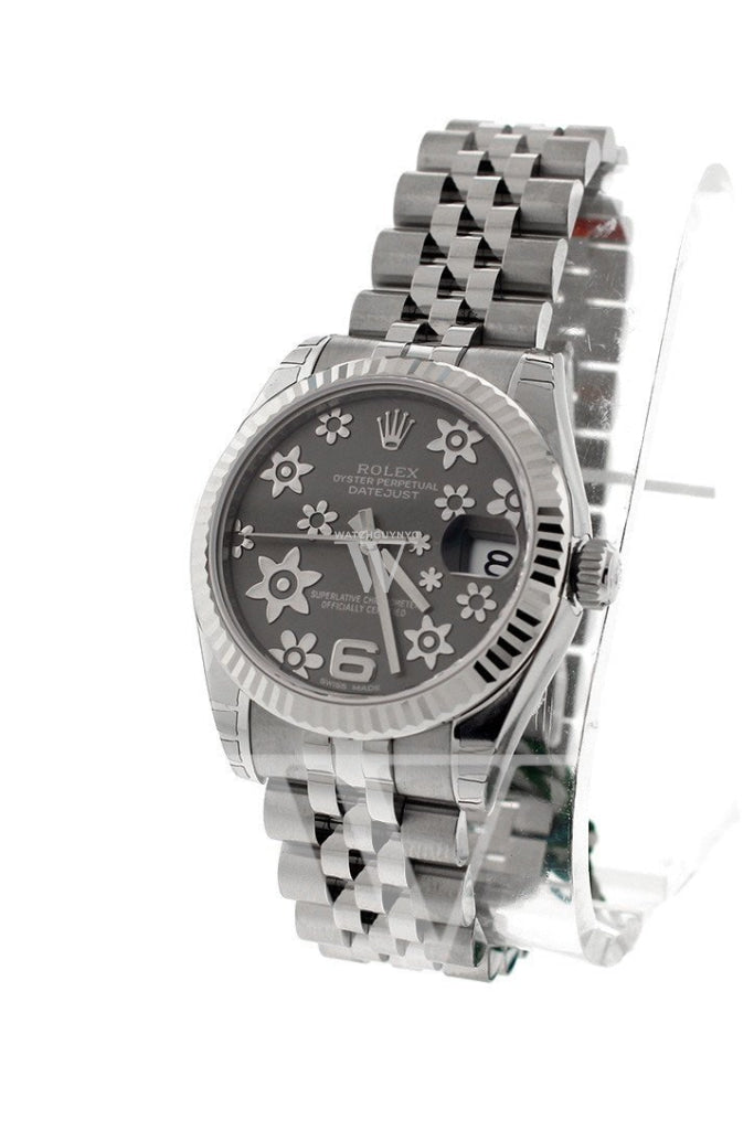 Rolex Datejust 31 Dark Rhodium Floral Motif Dial White Gold Fluted Bezel Jubilee Ladies Watch 178274