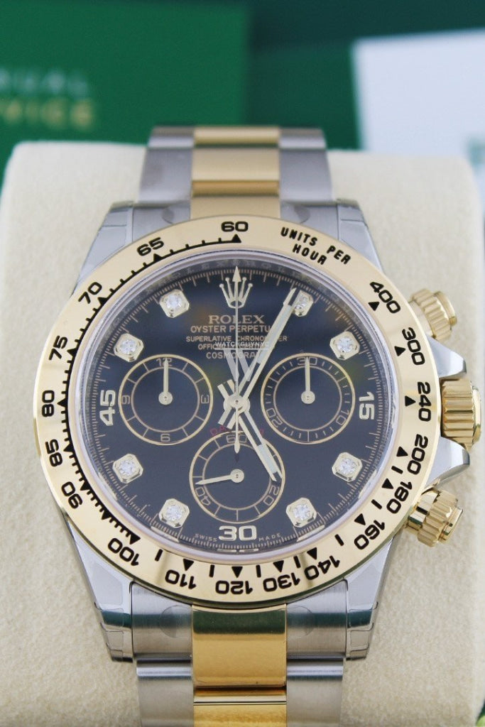 Rolex Cosmograph Daytona Black Diamond Dial Steel 18K Yellow Gold Mens Watch 116503