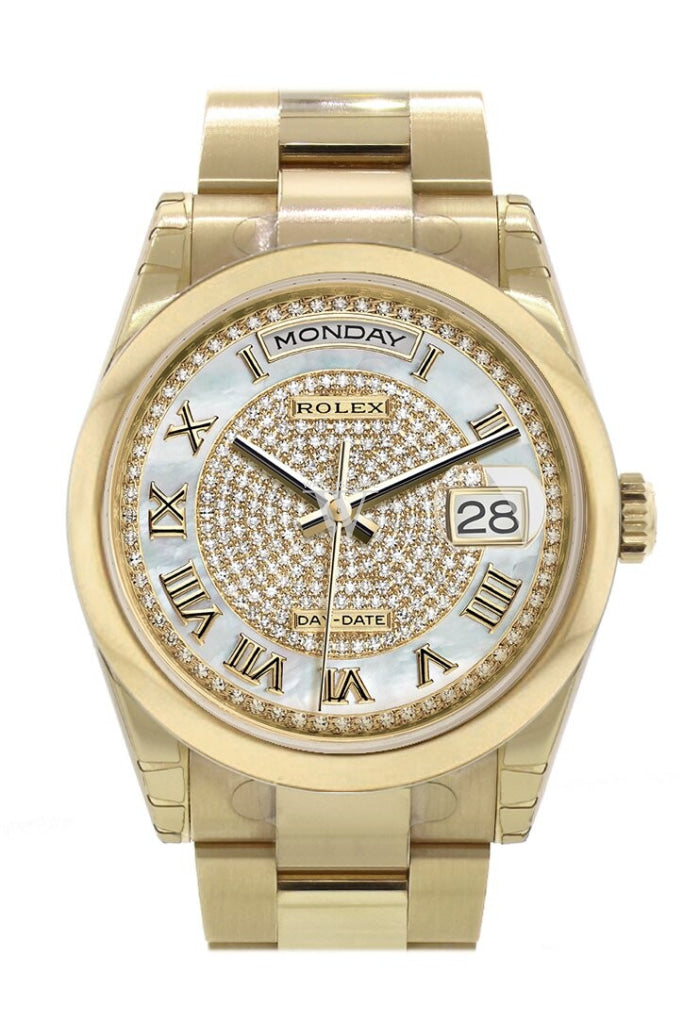 Rolex Day-Date 36 White Mother Of Pearl Diamonds Paved Dial Yellow Gold Watch 118208
