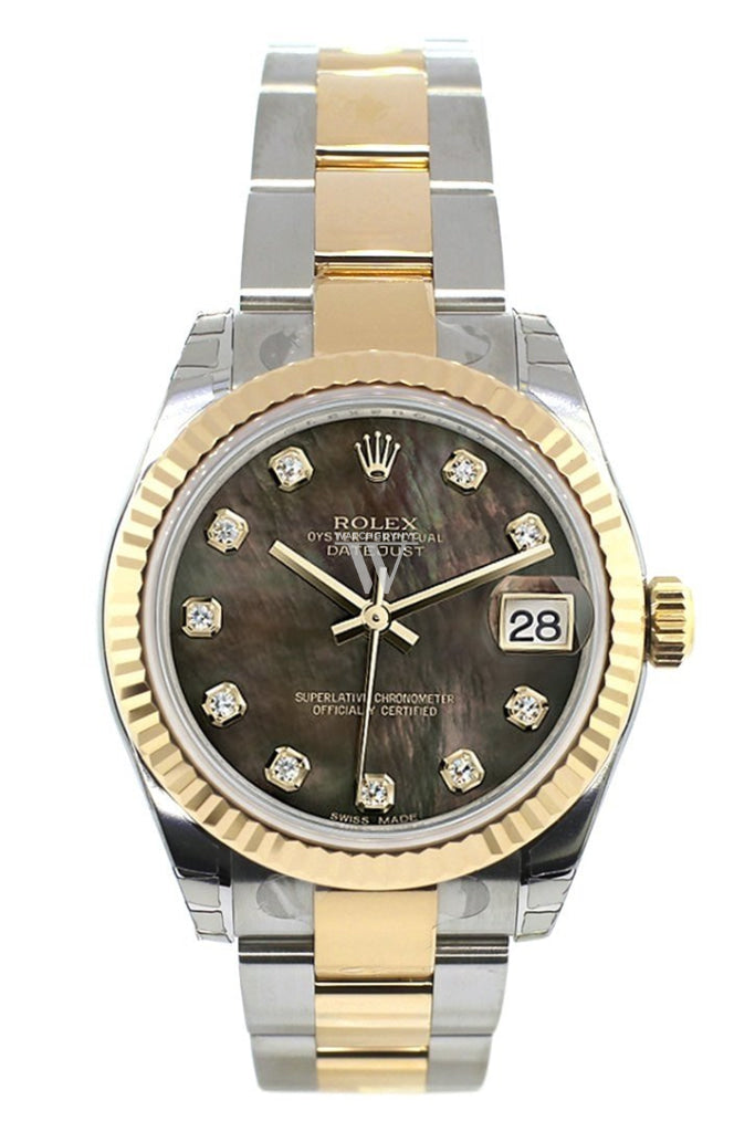 Rolex Datejust 31 Black Mother Of Pearl Diamonds Dial Fluted Bezel 18K Gold Two Tone Ladies 178273