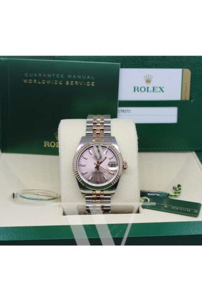 Rolex Datejust 31 Pink Dial Fluted Bezel 18K Rose Gold Two Tone Jubilee Ladies Watch 178271