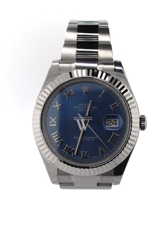 Rolex Datejust Ii 41 Blue Roman Dial 18Kt White Gold Fluted Bezel Mens Watch 116334