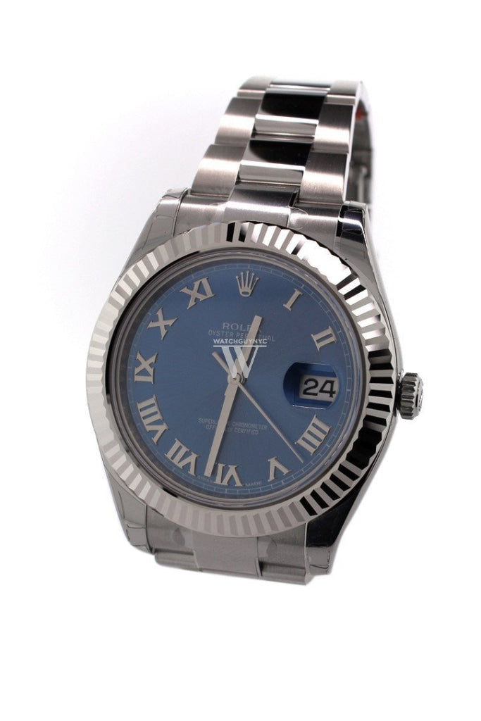 Rolex Datejust Ii 41 Blue Roman Dial 18Kt White Gold Fluted Bezel Mens Watch 116334