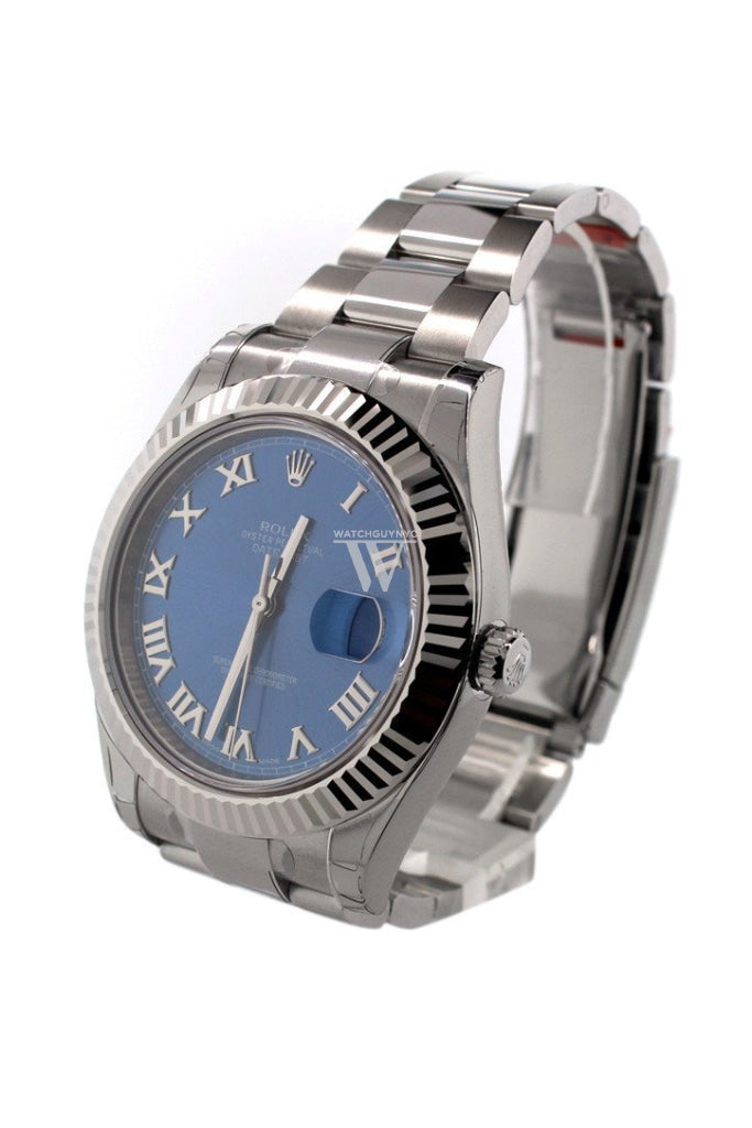 Rolex Datejust Ii 41 Blue Roman Dial 18Kt White Gold Fluted Bezel Mens Watch 116334