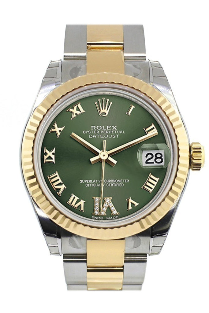 Rolex Datejust 31 Olive Green Roman Large Vi Diamond Dial Fluted Bezel 18K Gold Two Tone Ladies