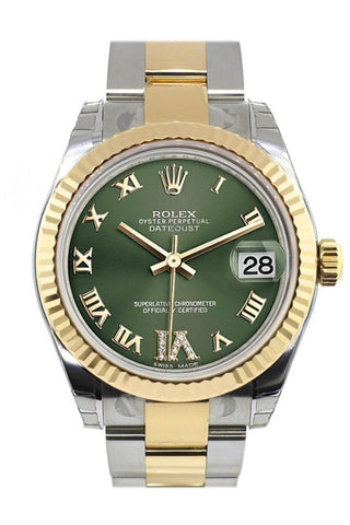 Rolex Datejust 31 Olive Green Roman Large Vi Diamond Dial Fluted Bezel 18K Gold Two Tone Ladies