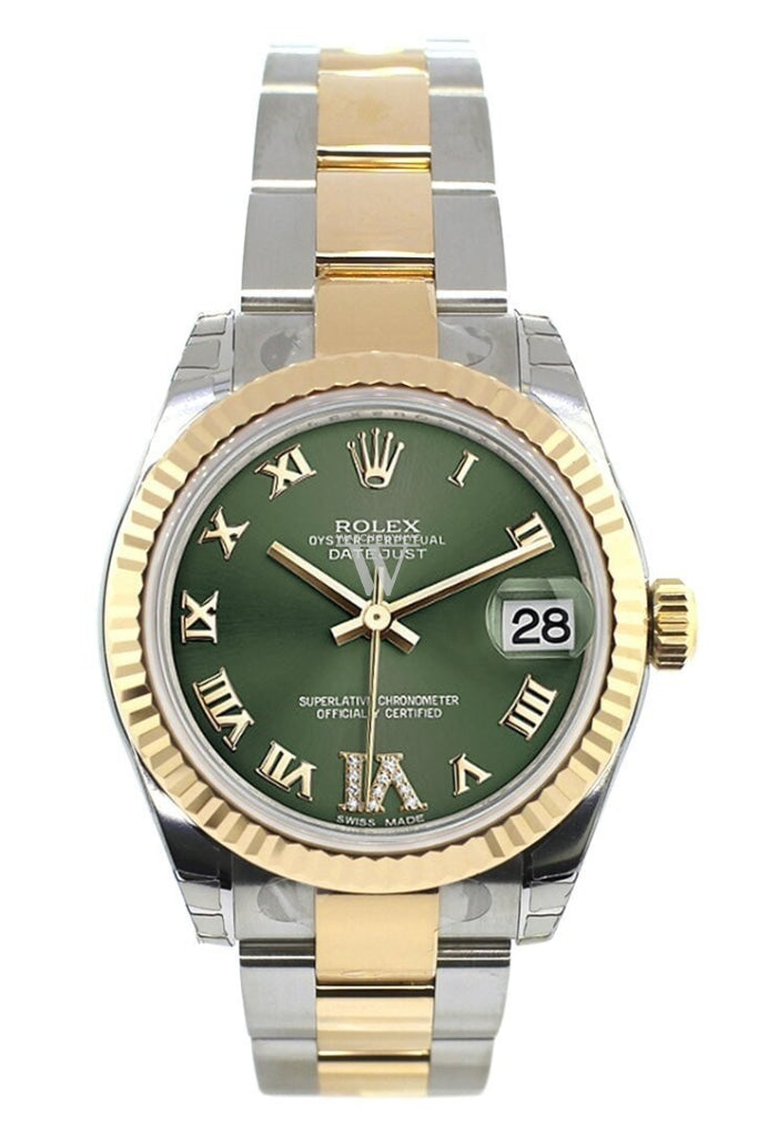 Rolex Datejust 31 Olive Green Roman Large Vi Diamond Dial Fluted Bezel 18K Gold Two Tone Ladies
