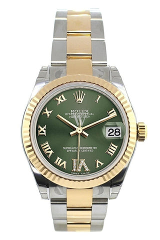Rolex Datejust 31 Olive Green Roman Large Vi Diamond Dial Fluted Bezel 18K Gold Two Tone Ladies