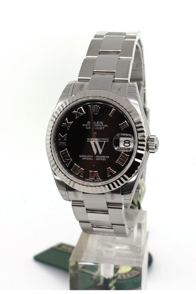 Rolex Datejust 31 Black Roman Dial 18K White Gold Fluted Bezel Ladies Watch 178274