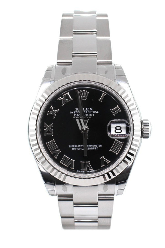 Rolex Datejust 31 Black Roman Dial 18K White Gold Fluted Bezel Ladies Watch 178274